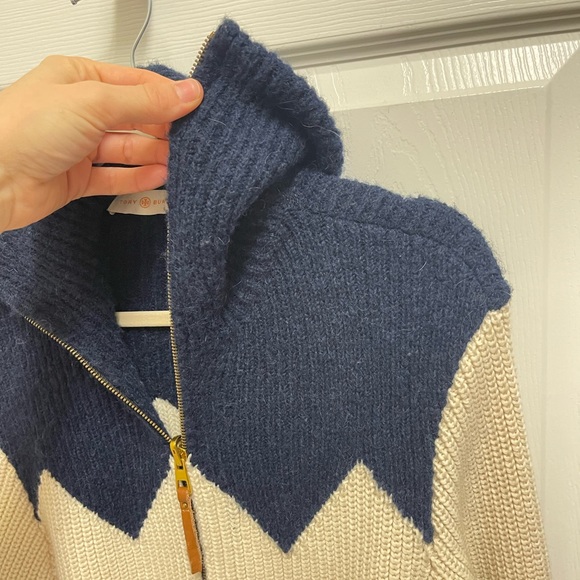 Tory Burch Cream and Navy Zip Front Wool Blend Jacket - Picture 8 of 12